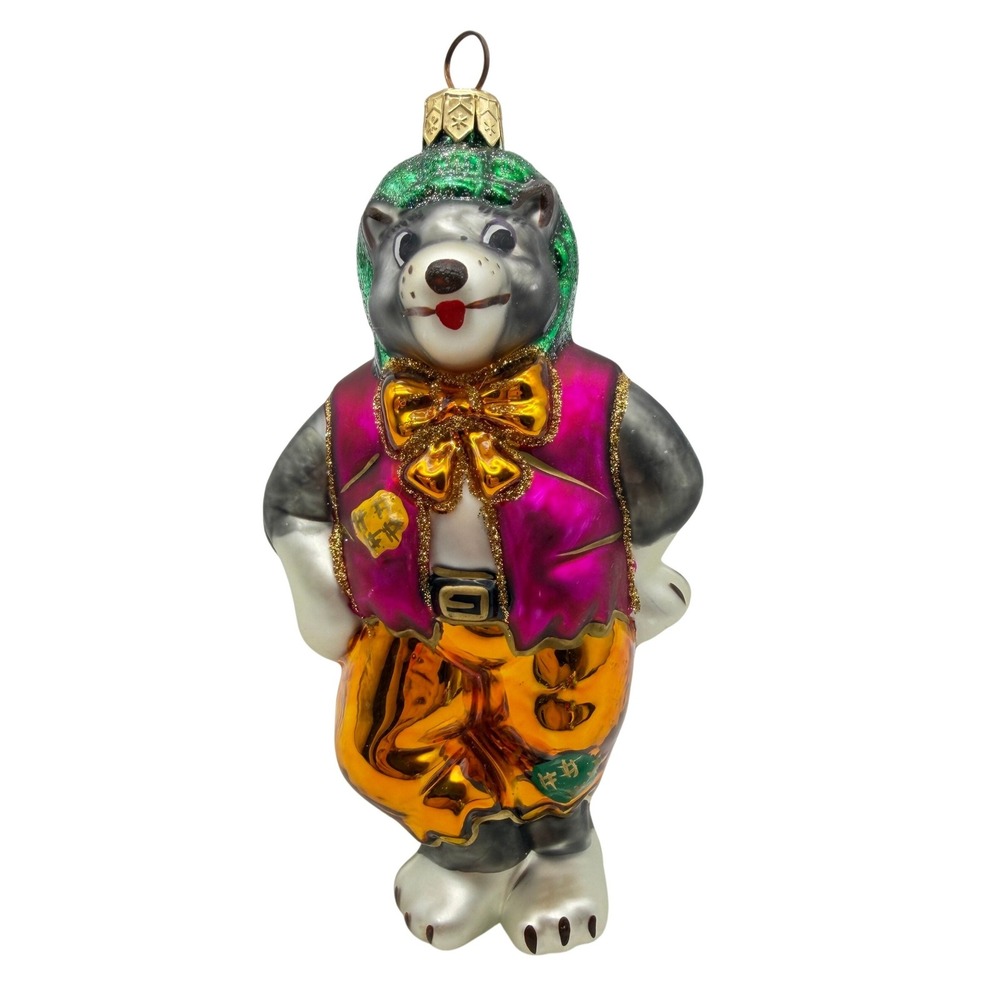 Blown Glass big bad Wolf Christmas tree Ornament Purple Vest fairy tale